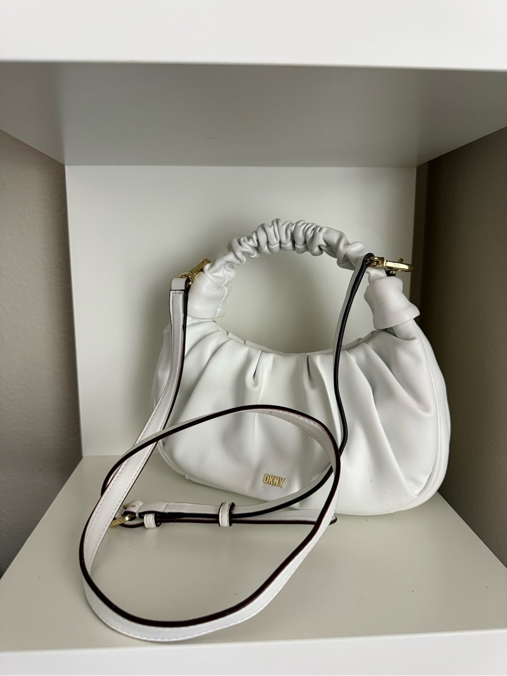 DKNY White Ruched Top-Handle Mini Bag with Detachable Strap